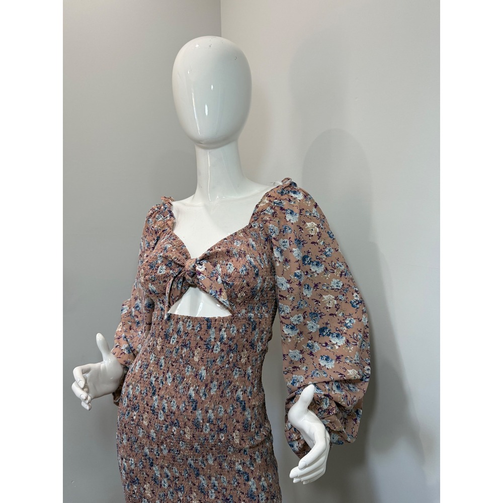 Lulus Floral Smocked Cutout Mini Dress NWT Pink Mauve Long Sleeve Size M - Picture 4 of 13